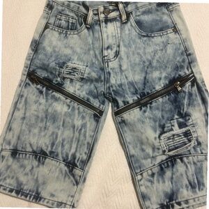 Distressed Blue Jean Shorts with Acid Wash and Zipper Details
